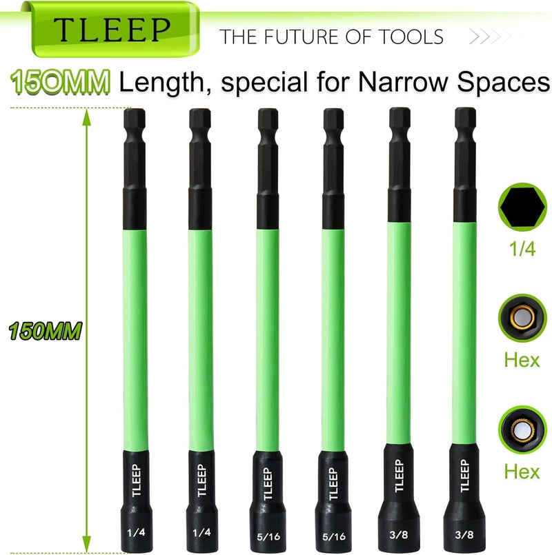 TLEEP 150MM 1/4" 5/16" 3/8" Magnetic Power Nut Driver Set for Impact Drill, 1/4" Hex Head Drill Bit Set SAE Screwdriver Socket Set, Chrome Vanadium Steel Quick Change Chuck Socket Wrench Nut Setters - Image 3